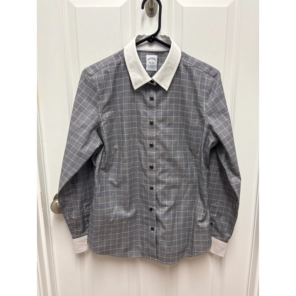 Brooks Brothers Womens 10 Grey Glen Plaid Non-Iron Contrast Collar Fitted Shirt